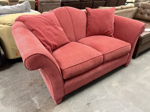 CRATE & BARREL Coral Red Art Deco Revival Camelback Loveseat