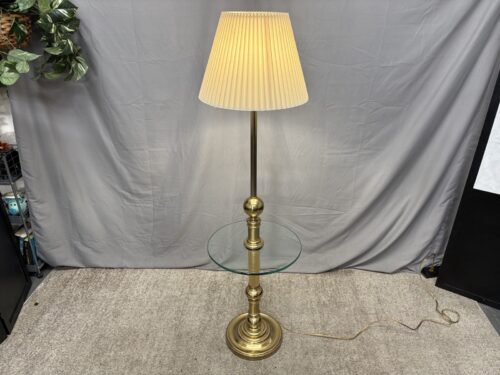 STIFFEL Vintage Brass Glass End Table Floor Lamp w/ Pleated Shade