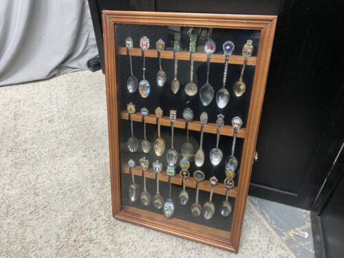 Vintage Lot of Souvenir Spoons in Display Case