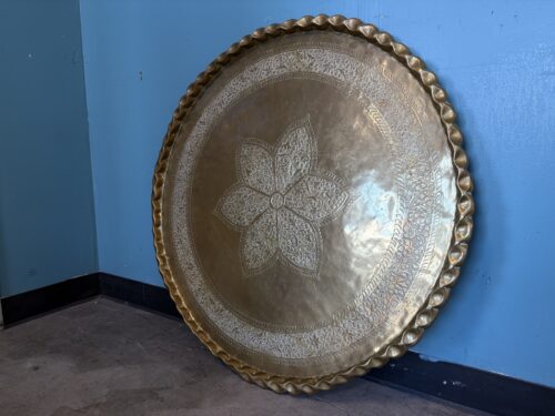 Round Intricately Engraved Brass Floral Tray Table with Scalloped Edge