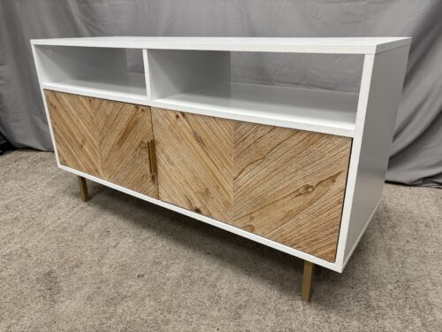 Modern Herringbone & White Media Console w/ Brass Accents
