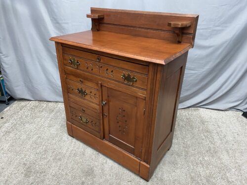 Antique Warm Wood Eastlake Style Washstand w/ Floral Carvings