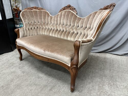 Vintage Victorian Style Taupe Velvet Upholstered Careved Settee