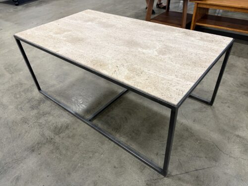 Industrial Style Open Metal Frame Coffee Table with Tan Stone Top