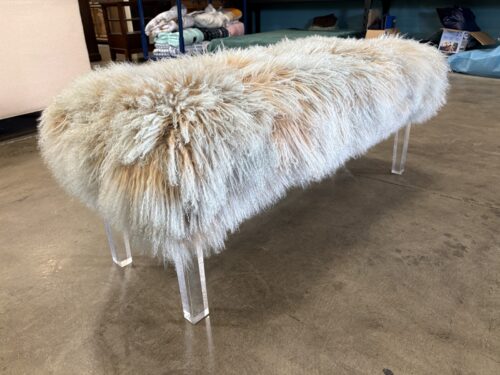 OUTPOST Lambskin Upholstered Bench with Clear Lucite Legs