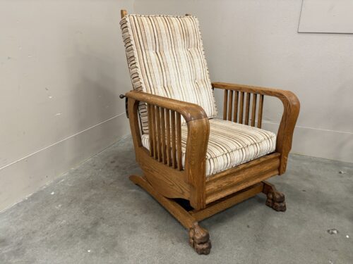 Antique Arts & Crafts Style Oak Platform Rocker with Recline Settings, Carved Paw Feet and Striped Cushions