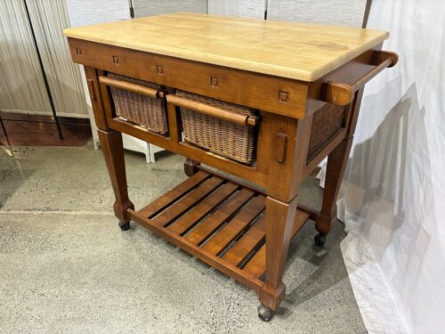 Wooden Rolling Kitchen Island Cart with Butcher Block Top and Wicker Drawers