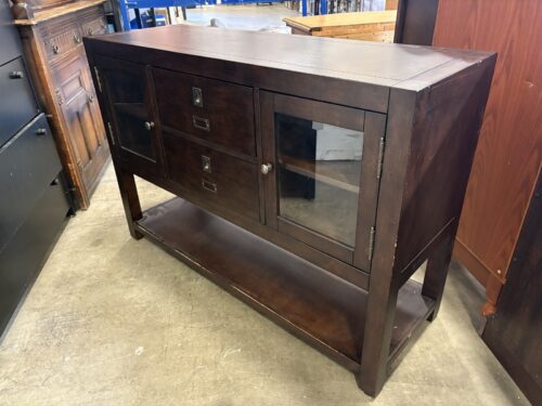 POTTERY BARN Rhys Cherry Finished Console Table with 2 Drawers and Dual Glass Cabinets