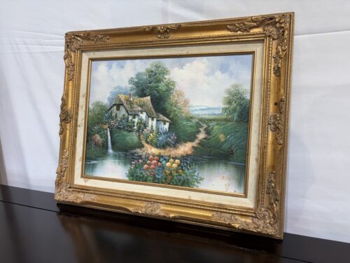 Vintage Gold Framed Cottage Garden Oil Painting