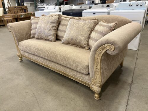 SCHNADIG Beige Traditional Style Roll-Arm 3 Seat Sofa with Ornate Wood Frame