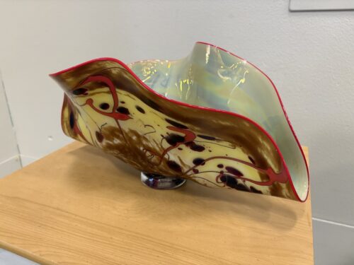 Brown and Red Hand-Blown Glass Clamshell Vase with Irridescent Interior