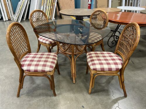Vintage Outdoor Rattan and Bamboo Dining Set with Smoked Glass Top and Buffalo Check Upholstered Seat Cushions