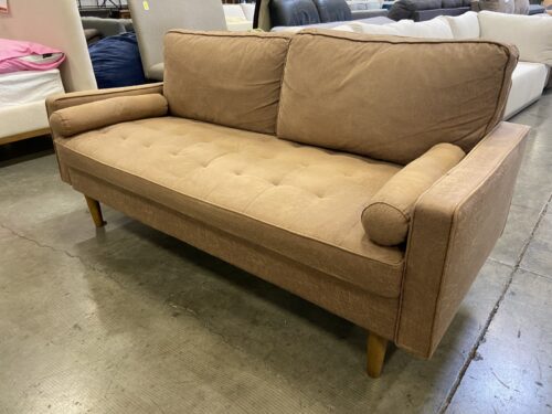 OVIOS MCM Style Brown Tufted Upholstered Sofa with Matching Cylinder Bolster Pillows