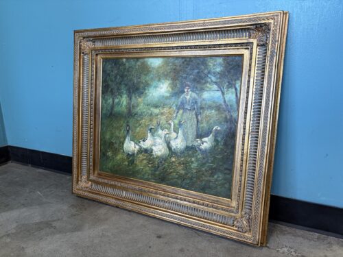 "The Goose Keeper" Oil Painting Print on Canvas in Ornate Carved Gilt-Wood Frame