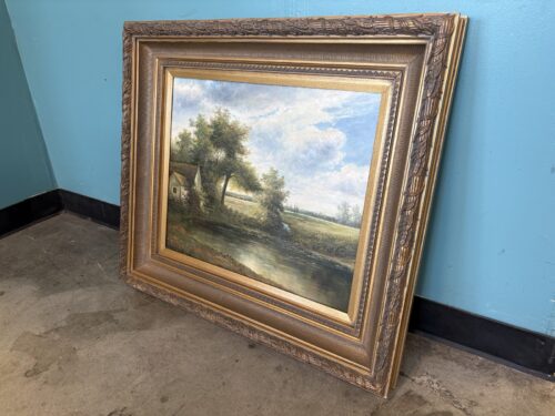 Cottage Landscape Oil Painting Print on Canvas in Leafing Vine Gilt-Wood Frame