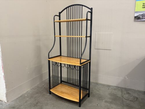 Black Metal 4 Tier Baker's Rack with Wooden Shelves and Bottle Storage