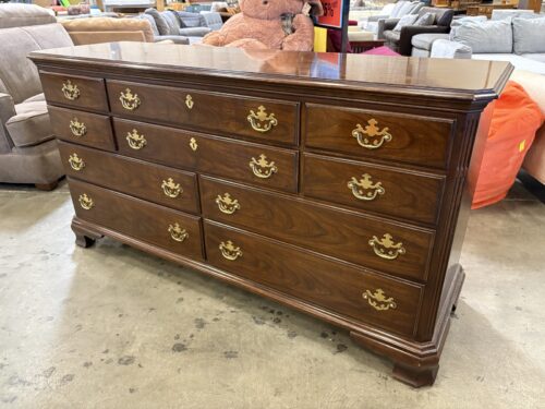 DREXEL Vintage Cherry 10 Drawer Triple Dresser with Brass Batwing Swing Pulls