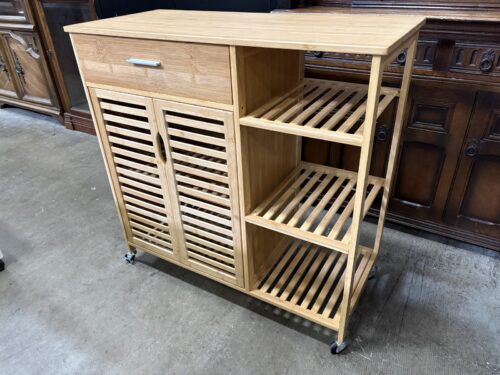 Petite Bamboo Rolling Kitchen Island with Slatted Shelving and Drawers