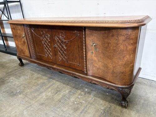 Vintage 4 Door Burl Wood Front Buffet with Ornate Brass Pulls and Key