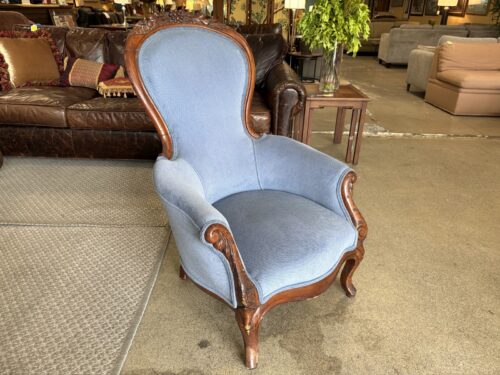 Victorian Blue Upholsteered Carved Wooden Armchair