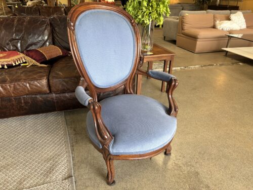 Victorian Blue Upholsteered Carved Wooden Open Armchair