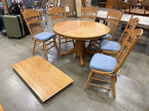 Vintage Round Oak Dining Table with 6 Carved Spindle Back Chairs and Extension Leaf