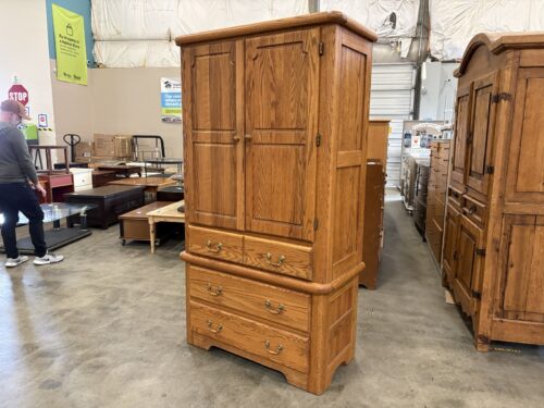 Vintage Solid Oak 4 Drawer Armoire with Brass and Wood Swing Pulls