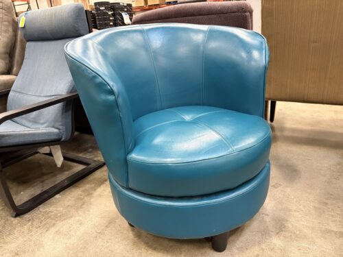 Modern Teal Leather Swivel Lounge Chair with Wooden Legs