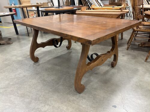 Vintage Spanish Barouque Style Wooden Dining Room Table with Carved Lyre Legs and Curved Iron Stretchers