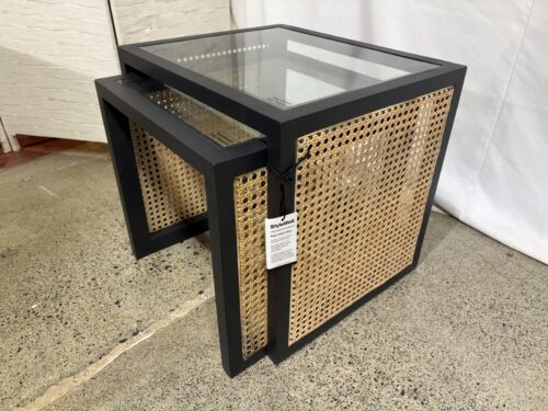 Black Glass Top Nesting End Table with Cane Side Panels (Set of 2) (Auburn Store)