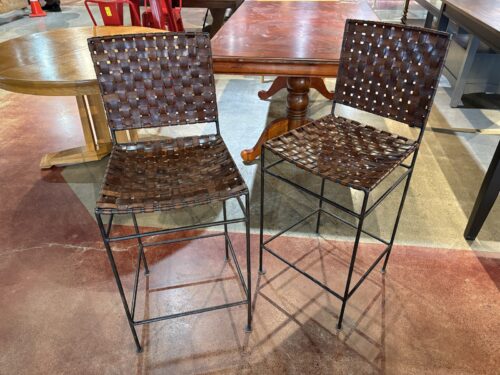 Wrought Iron Counter Stools with Woven Leather Seats (Set of 2)
