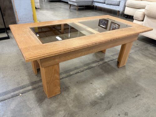 Vintage Oak Coffee Table with Block-Legs and Inset Smoked Glass Panels