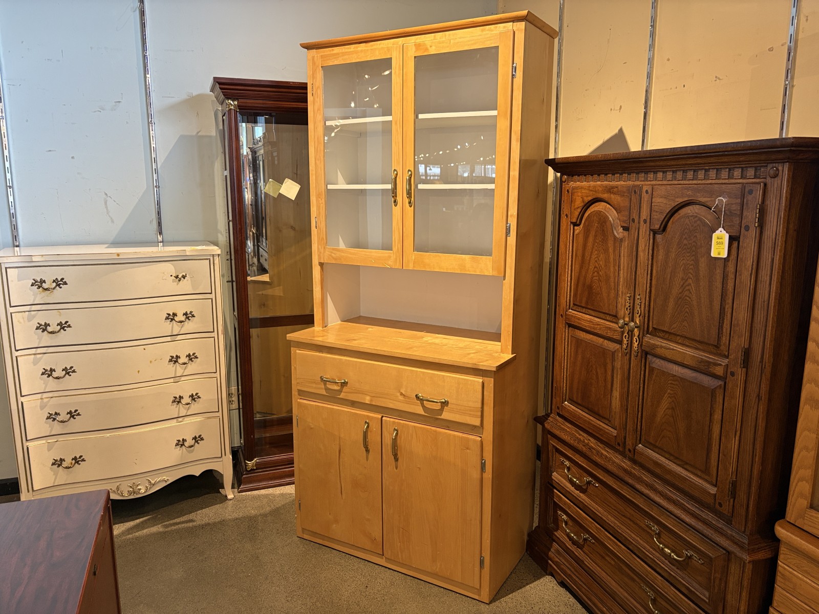 Wooden Hutch with Glass-Paneled Upper Cabinet and Lower Storage