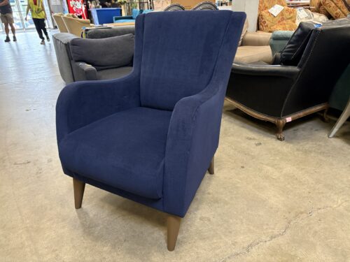 Contemporary Navy Blue Plush Windback Chair with Tapered Wooden Legs