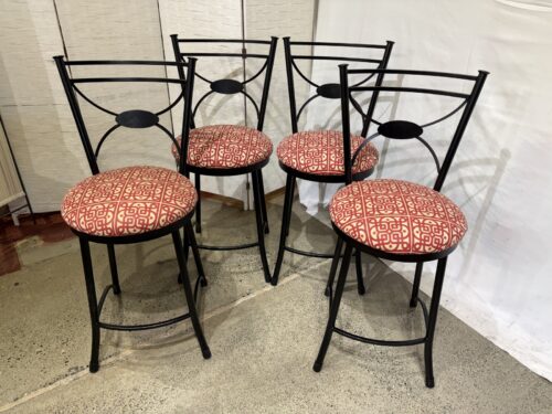 Black Metal Counter Stools with Round Red-and-White Patterned Cushions (Set of 4)