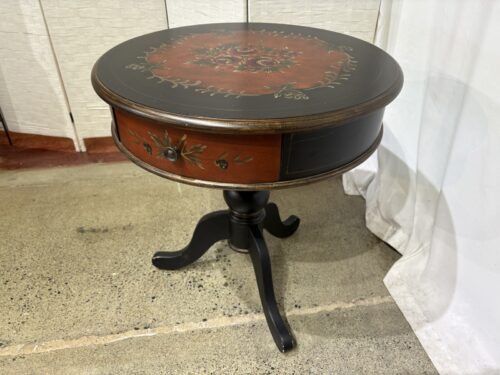 Round Wooden Drum Side Table with Painted Floral Motif