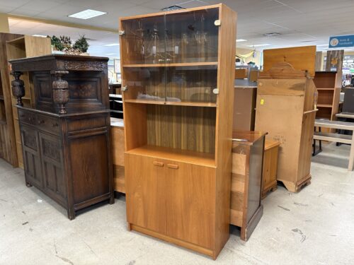 Danish Modern Style Wood Display Cabinet w/ Glass Doors