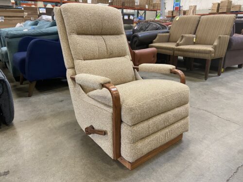 LA-Z-BOY Vintage Beige Tweed Recliner with Curved Wooden Armrest