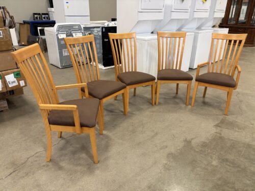 Vintage Light Wood Slat Back Dining Chairs with Brown Upholstery (Set of 5)