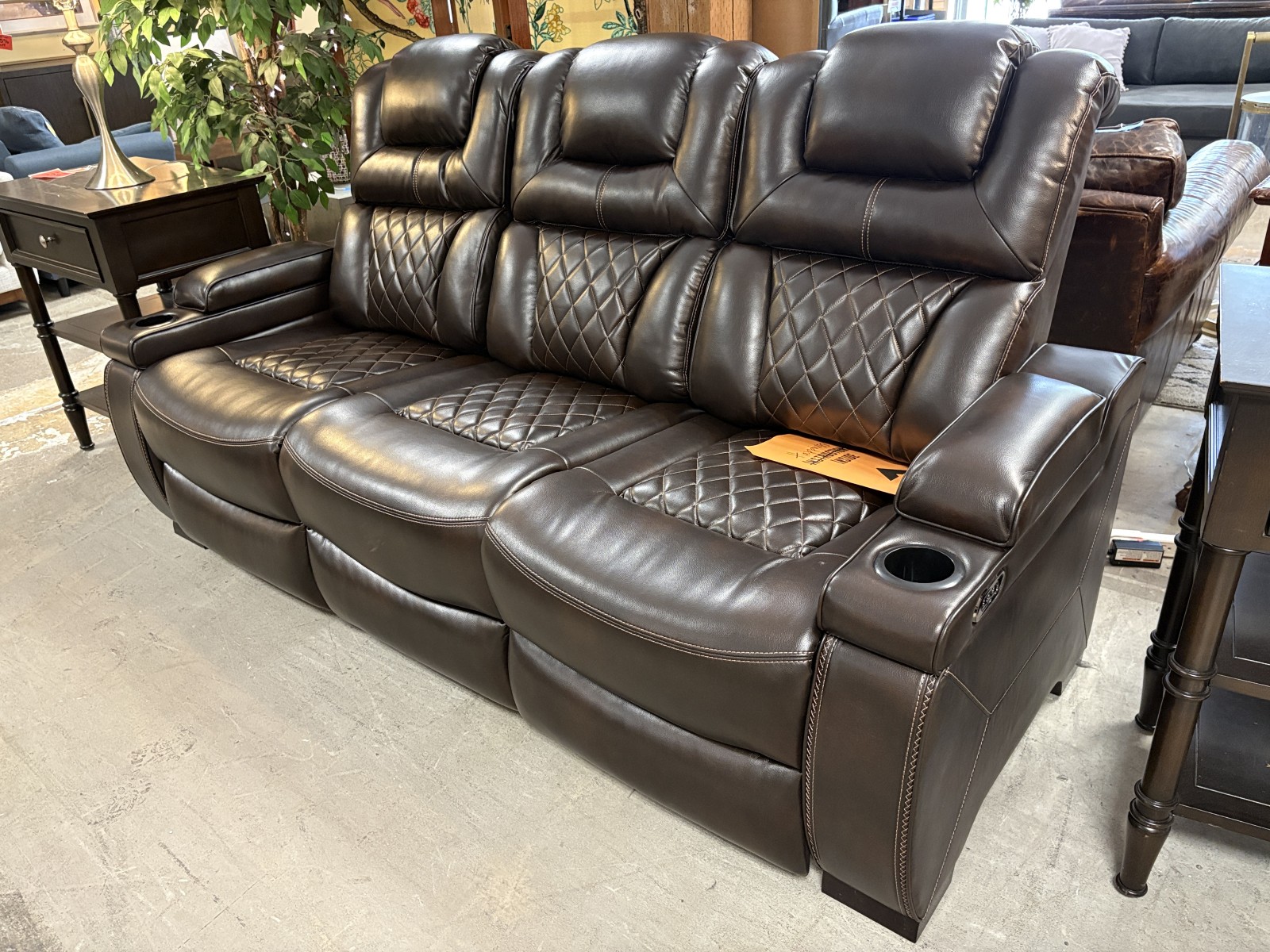 NEW! ASHLEY SIGNATURE Warnerton Power Reclining Sofa w/ Adjustable Headrest & Folding Console (Bellevue)