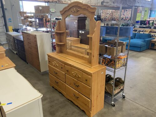 Vintage 6 Drawer Dresser with Matching Arched Top Mirror & Shelving