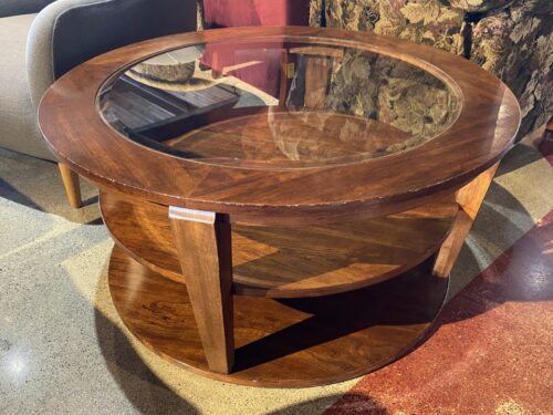 Round Warm Wood Coffee Table w/ Beveled Glass Top