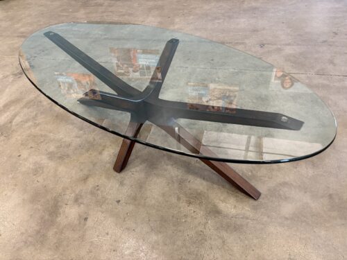 Modern Oval Glass Top Coffee Table with Wooden Sculptural Starburst Base