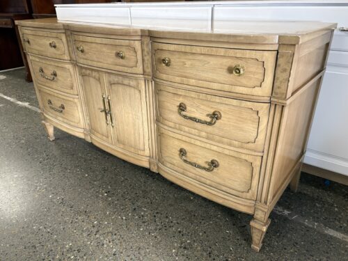Vintage Muted Beige Wood French Provincial 9-Drawer Low Dresser