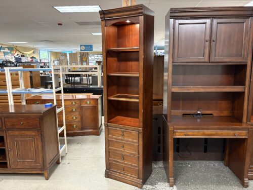 HOOKER FURNITURE Mahogany Lighted Glass Shelf Bookcase w/ Lower Filing Cabinet