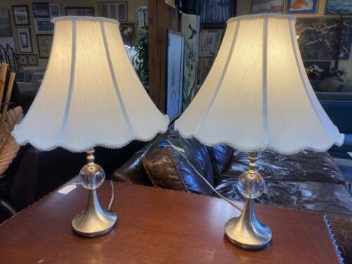 Chrome & Crystal Table Lamps w/ Scalloped Shades (Set of 2)