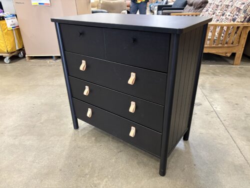 IKEA Bjorksnas Black 5 Drawer Chest with Light Leather Loop Pulls