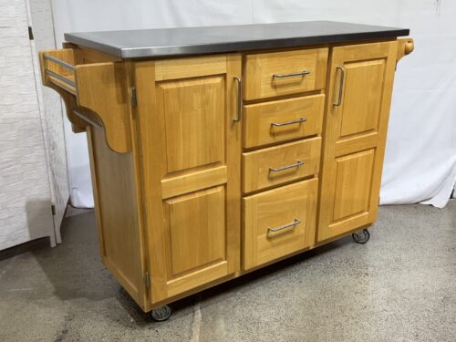 Rolling Natural Wood Kitchen Cart w/ Stainless Top & Breakfast Bar