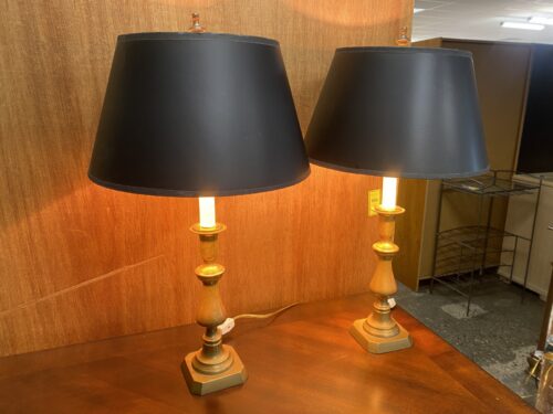 Traditional Brass Candlestick Table Lamps w/ Black & Gold Empire Shades (Set of 2)