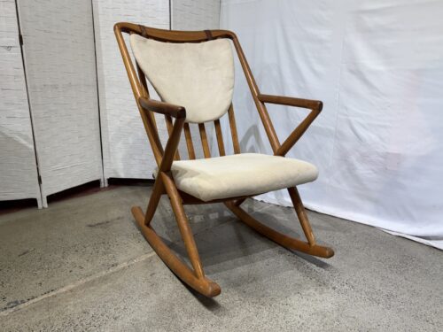 Vintage Mid-Century Modern Scandanavian Teak Wood Rocking Chair w/ Leather Strap Seat Cushion
